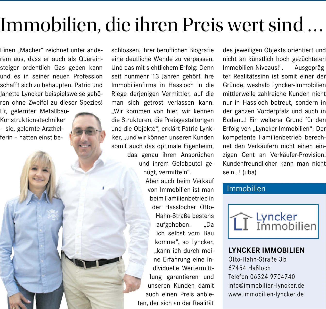 Presseartikel Wochenblatt – Immobilien die ihren Preis wert sind, Lyncker Immobilien Haßloch